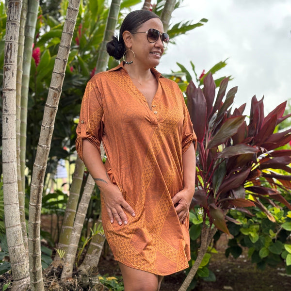 Born Hawaii Womens TAPA POLO DRESS RUST