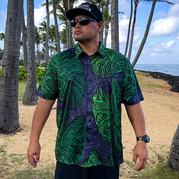 Born Hawaii Aloha Shirt BLACK GREEN KALO ALOHA SHIRT