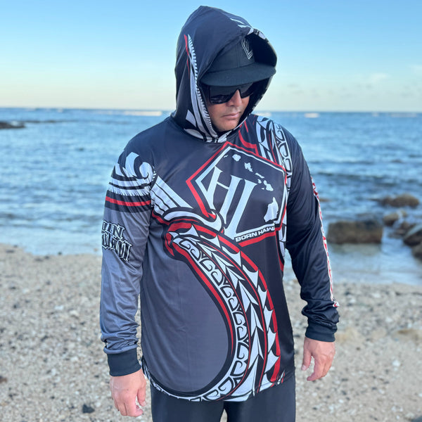 Born Hawaii Long Sleeve HEE HOODED WARMUP GREY RED