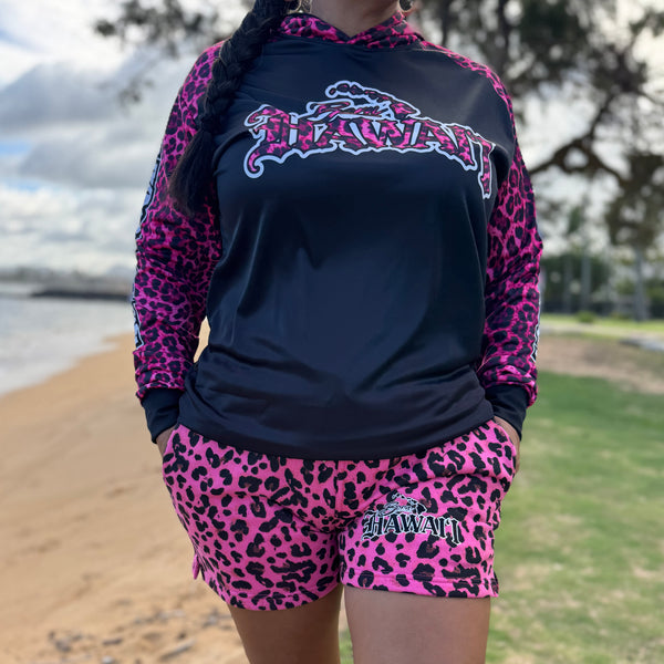 Born Hawaii Long Sleeve LEOPARD HOODED L/S PINK