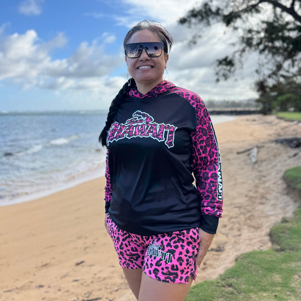 Born Hawaii Long Sleeve LEOPARD HOODED L/S PINK