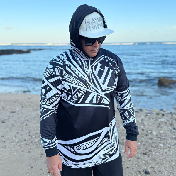 Born Hawaii Long Sleeve MALU HOODED WARMUP BLACK WHITE