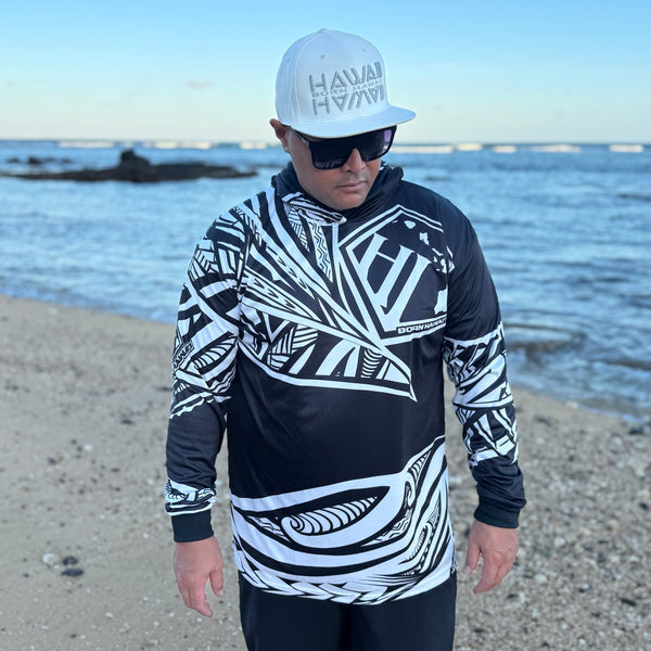 Born Hawaii Long Sleeve MALU HOODED WARMUP BLACK WHITE