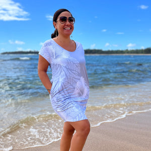 Born Hawaii Womens HIBISCUS CAP SLEEVE DRESS GREY WHITE