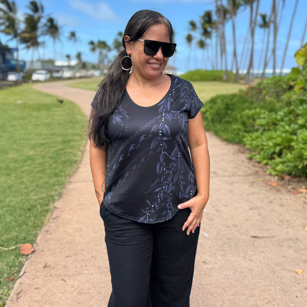 Born Hawaii Womens MAILE CAPSLEEVE TOP BLACK