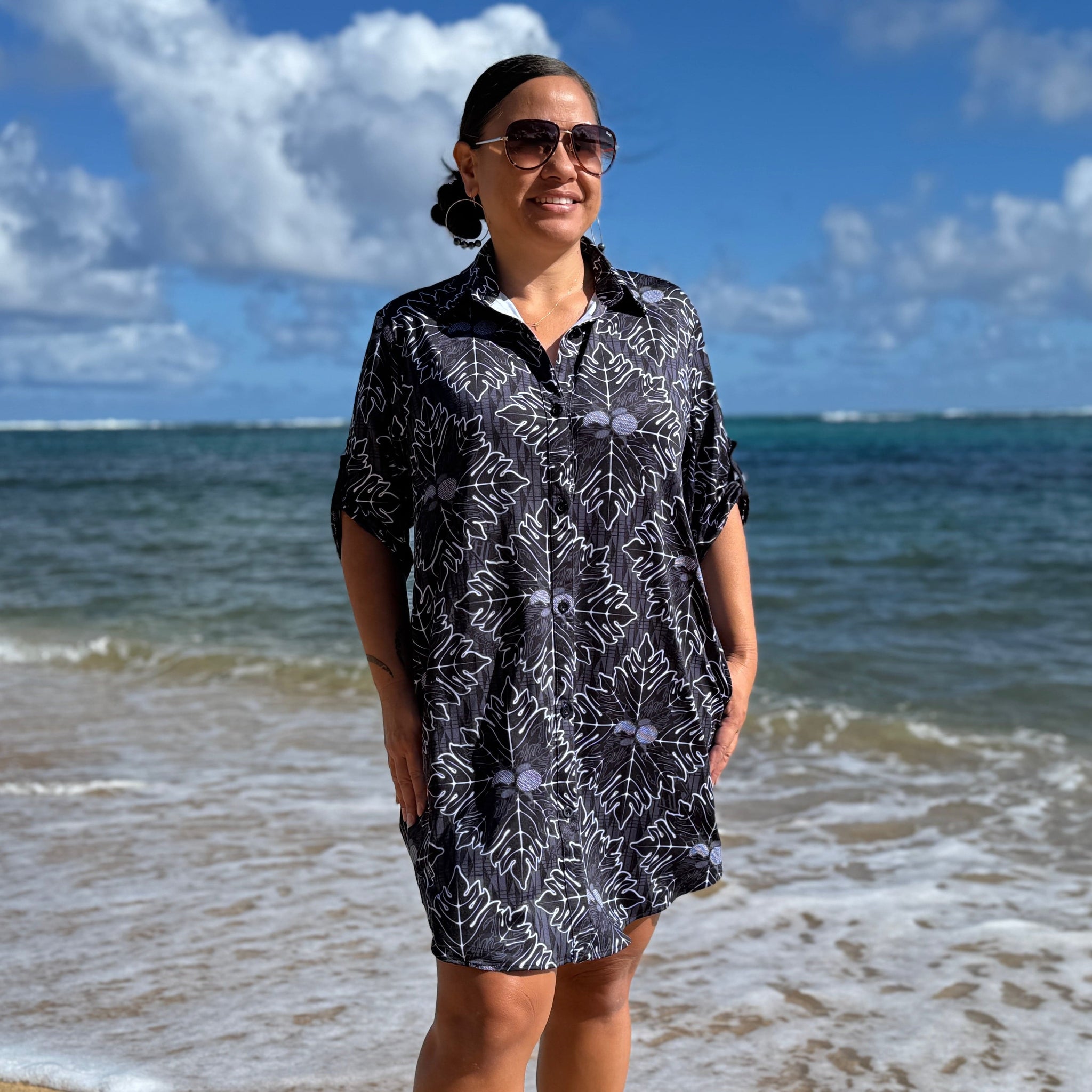 Born Hawaii Womens QUILTED BUTTON SHIRTDRESS BLACK