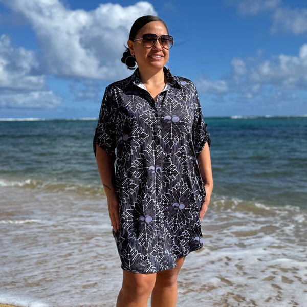 Born Hawaii Womens QUILTED BUTTON SHIRTDRESS BLACK