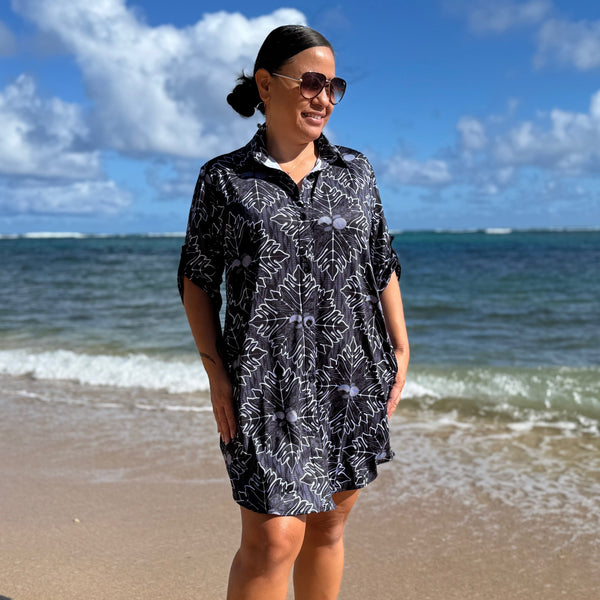 Born Hawaii Womens QUILTED BUTTON SHIRTDRESS BLACK