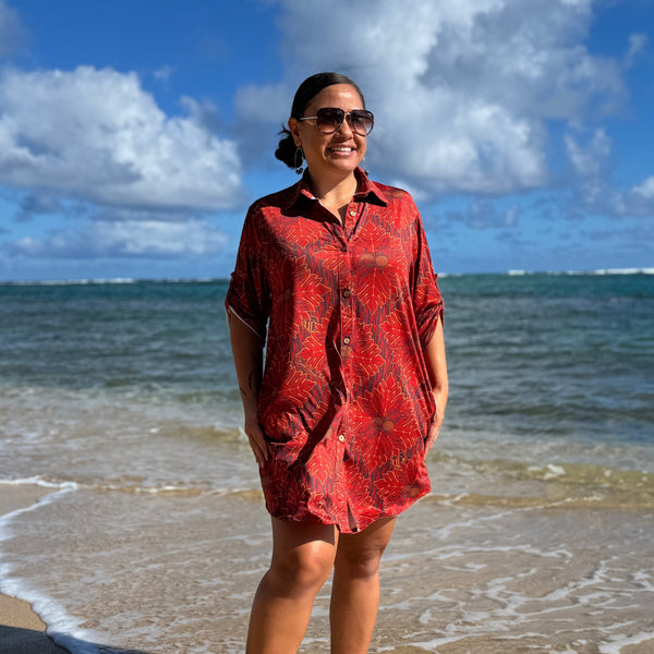 Born Hawaii Womens QUILTED BUTTON SHIRTDRESS RUST