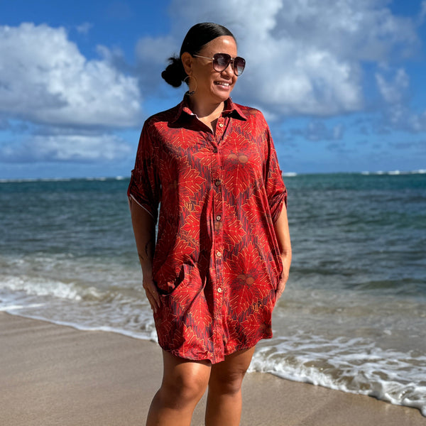 Born Hawaii Womens QUILTED BUTTON SHIRTDRESS RUST