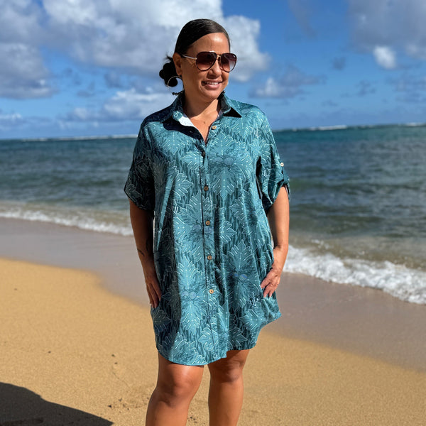 Born Hawaii Womens QUILTED BUTTON SHIRTDRESS TEAL