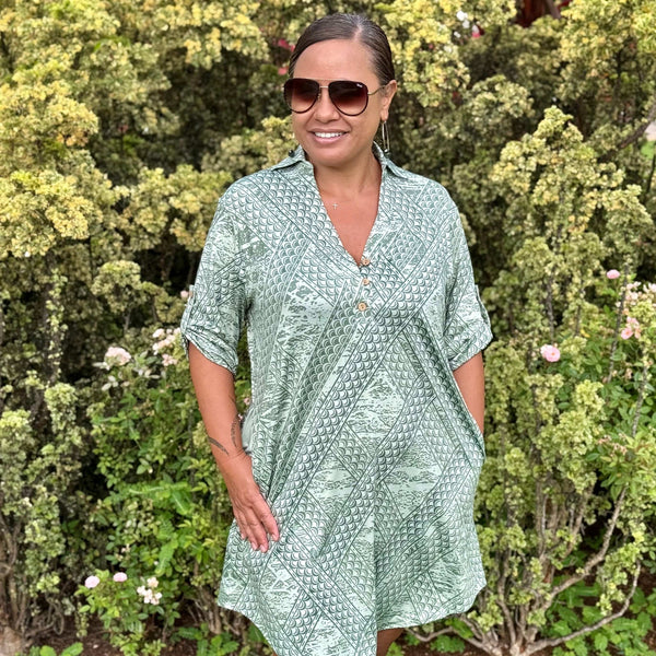 Born Hawaii Womens TAPA POLO DRESS GREEN