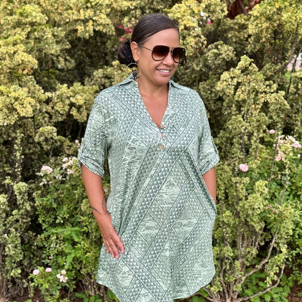 Born Hawaii Womens TAPA POLO DRESS GREEN