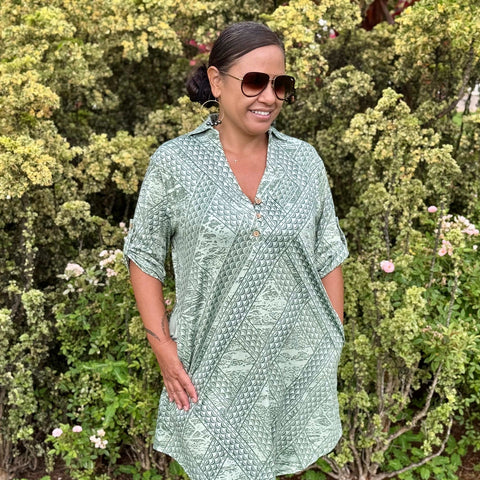 Born Hawaii Womens TAPA POLO DRESS GREEN