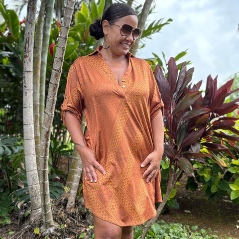 Born Hawaii Womens TAPA POLO DRESS RUST