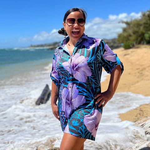Born Hawaii Womens VINTAGE BUTTON SHIRTDRESS PURPLE