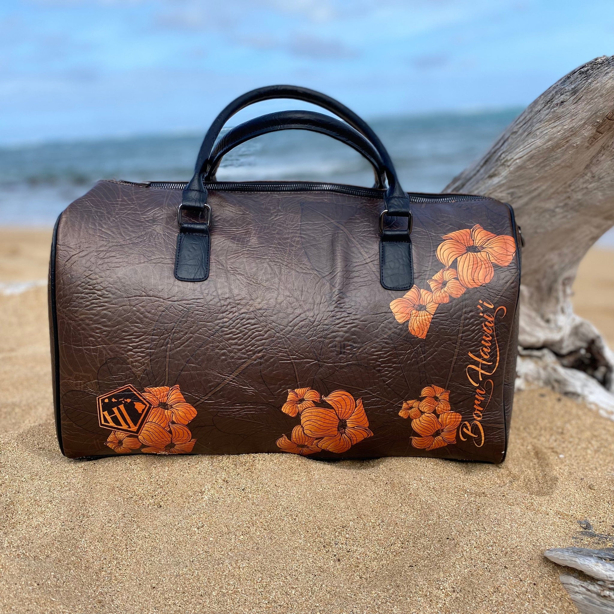 Born Hawaii Accessories PUAKENIKENI LEATHER DUFFEL BAG BROWN ORANGE