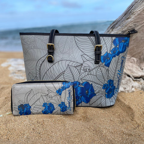 Born Hawaii Accessories PUAKENIKENI TOTE BAG/WALLET SET GREY BLUE