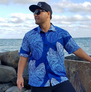 Born Hawaii Aloha Shirt BLUE ON BLUE KALO ALOHA SHIRT