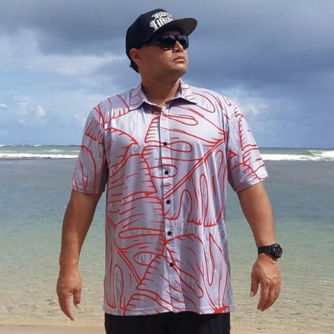 Born Hawaii Aloha Shirt GREY RED MONSTERA ALOHA SHIRT