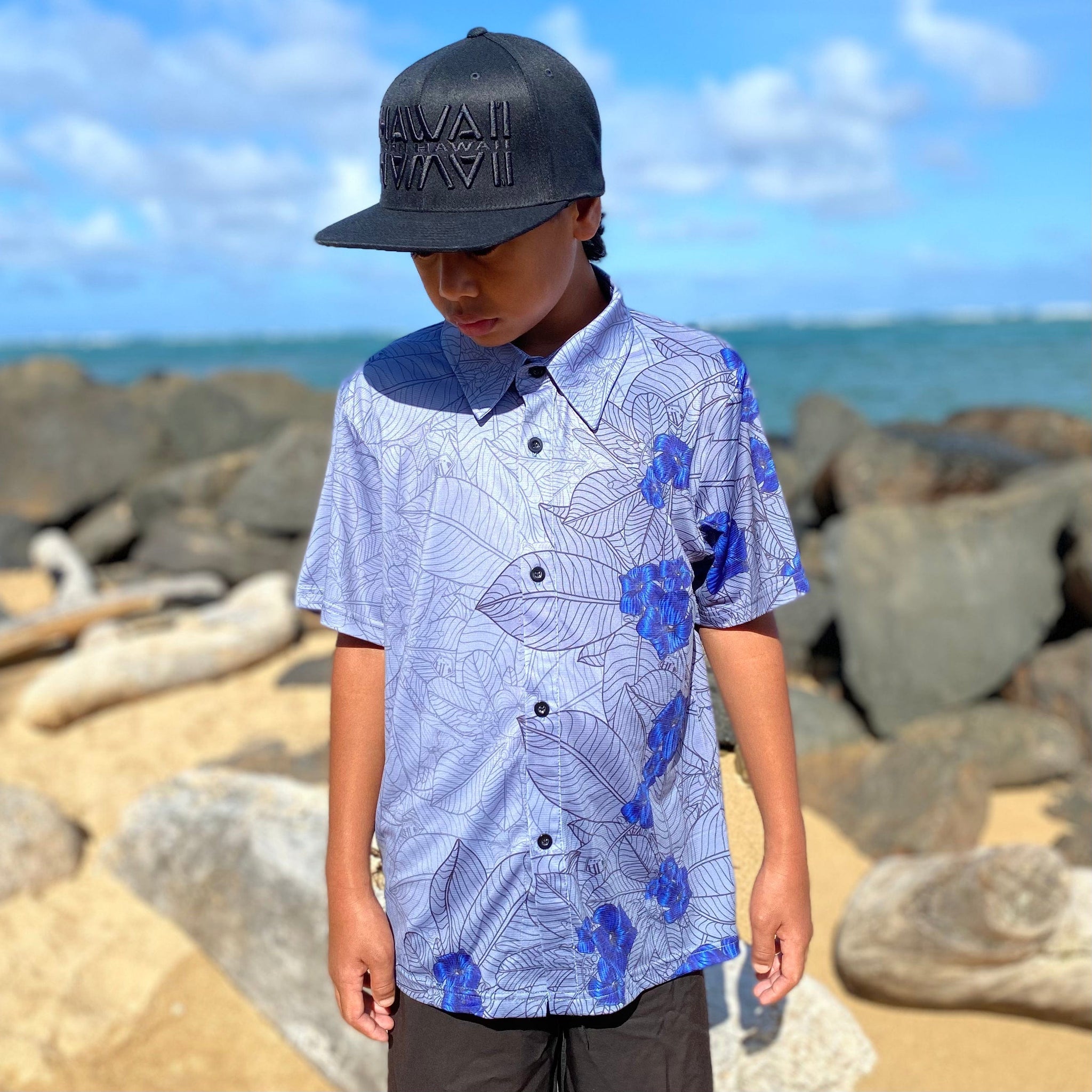 Born Hawaii KIDS YOUTH PUAKENIKENI ALOHA SHIRT GRY BLUE