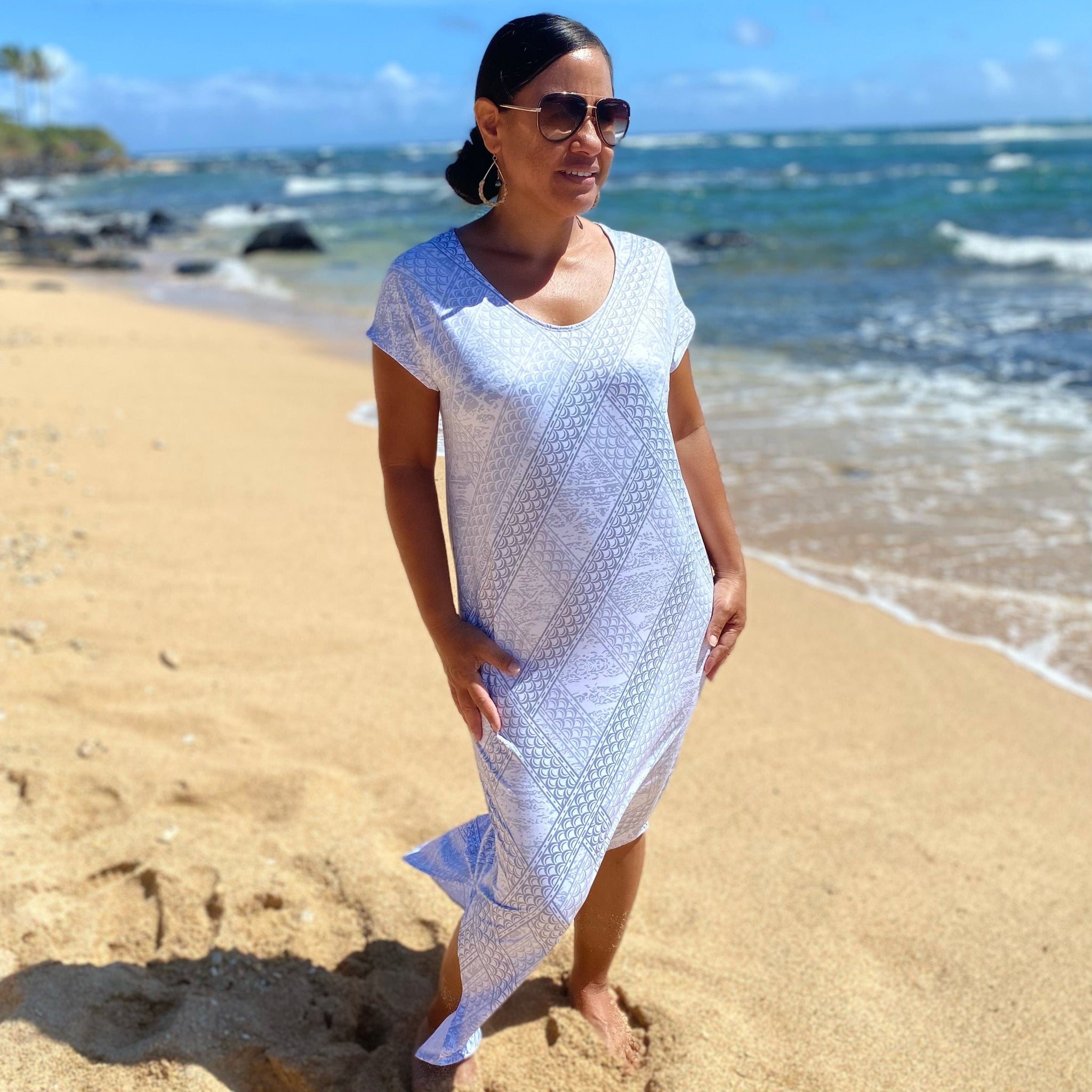 Born Hawaii Womens TAPA MAXI DRESS WHITE